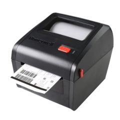 Honeywell PC42d Desktop Direct Thermal Label Printer left facing with receipt
